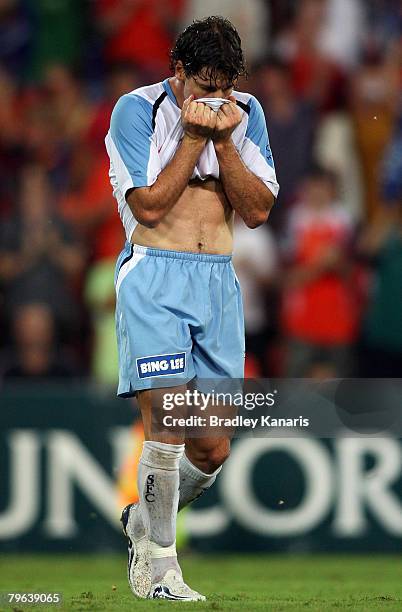 Robbie Middleby of Sydney reacts after being sent off during the A-League minor semi final second leg match between the Queensland Roar and Sydney FC...