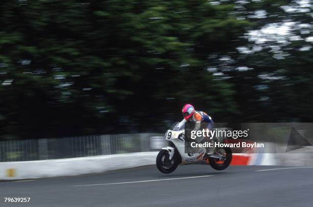 Scottish motorcycle racer Steve Hislop at Ballaugh Bridge during a TT race on the Isle of Man, 1992.