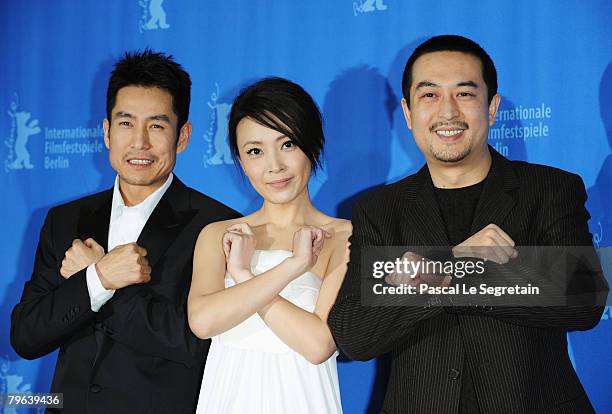 Actors Cheng Taisheng, Liu Weiwei and Zhang Jiayi ttend the 'In Love We Trust' Photocall and Press Conference as part of the 58th Berlinale Film...