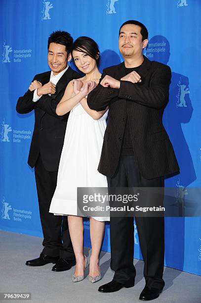 Actors Cheng Taisheng, Liu Weiwei and Zhang Jiayi ttend the 'In Love We Trust' Photocall and Press Conference as part of the 58th Berlinale Film...