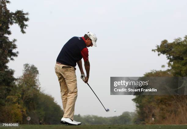 Maarten Lafeber of The Netherlands plays his tee shot on the nineth hole during the second round of the Emaar-MGF Indian Masters at the Delhi Golf...