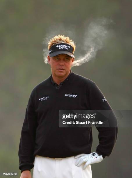 Darren Clarke of Northern Ireland on the 18th hole during the second round of the Emaar-MGF Indian Masters at the Delhi Golf Club on February 8, 2008...