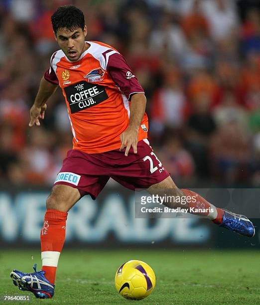 Marcinho of the Roar in action during the A-League minor semi final second leg match between the Queensland Roar and Sydney FC at Suncop Stadium on...