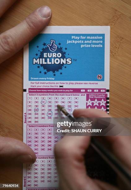 Lottery ticket for the EuroMillions jackpot is pictured in central London, on February 8, 2008. Lottery history could be made later Friday in the...