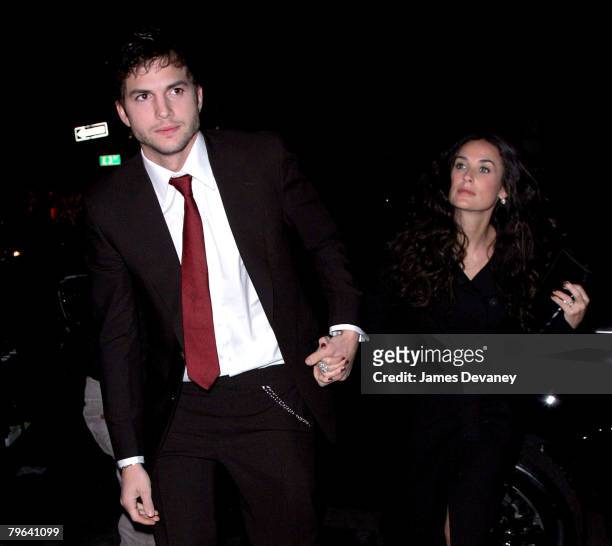 Actor Ashton Kutcher and actress Demi Moore arrive to Gemma restaurant to celebrate Ashton Kutcher's birthday in New York city on February 7, 2008.