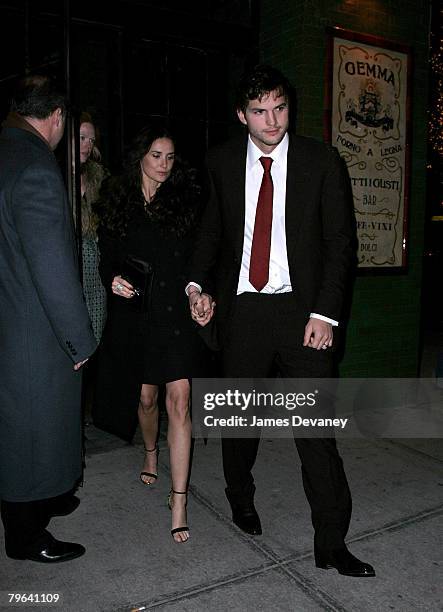 Demi Moore and Ashton Kutcher leave Gemma restaurant after celebrating Ashton Kutcher's birthday in New York city on February 7, 2008.