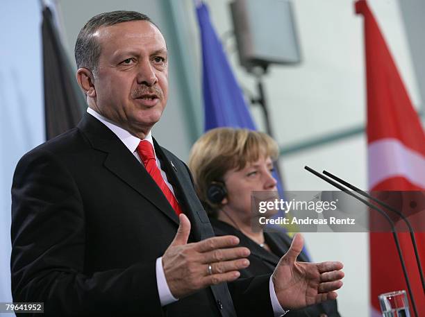 German Chancellor Angela Merkel and Turkish Prime Minister Tayyip Erdogan attend a news conference at the Chancellery on February 8, 2008 in Berlin,...