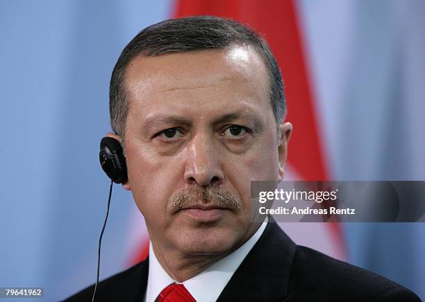 Turkish Prime Minister Tayyip Erdogan attends a news conference at the Chancellery on February 8, 2008 in Berlin, Germany. Earlier the day, Erdogan...