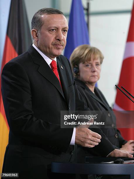 German Chancellor Angela Merkel and Turkish Prime Minister Tayyip Erdogan attend a news conference at the Chancellery on February 8, 2008 in Berlin,...