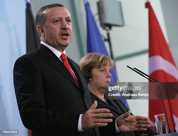 German Chancellor Angela Merkel and Turkish Prime Minister Tayyip Erdogan attend a news conference at the Chancellery on February 8, 2008 in Berlin,...