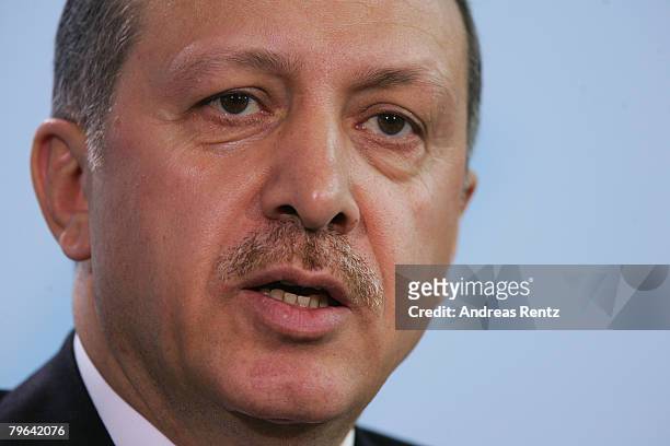 Turkish Prime Minister Tayyip Erdogan attends a news conference at the Chancellery on February 8, 2008 in Berlin, Germany. Earlier the day, Erdogan...