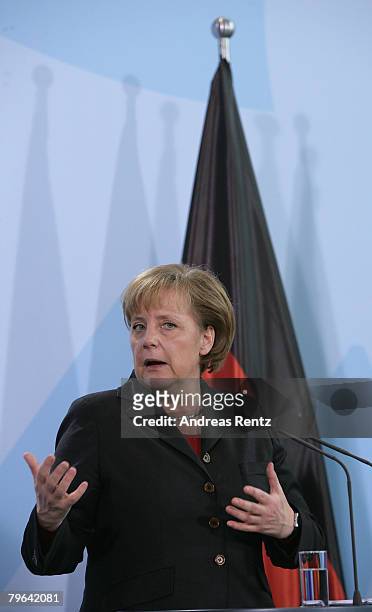 German Chancellor Angela Merkel gestures during a news conference at the Chancellery on February 8, 2008 in Berlin, Germany. Earlier the day, Merkel...