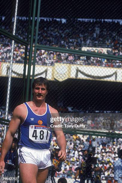 East German discus thrower Jurgen Schult at the Olympic Games in Seoul, South Korea, 1988. Schult won the gold medal for the event with a throw of...