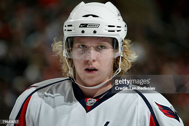 Nicklas Backstrom of the Washington Capitals looks on in a NHL game against the Philadelphia Flyers on February 6, 2008 at the Wachovia Center in...