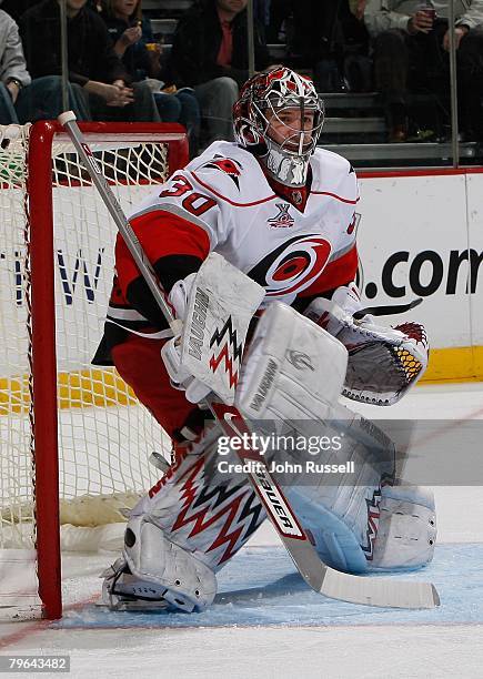 Cam Ward of the Carolina Hurricanes skates against the Nashville Predators on February 5, 2008 at the Sommet Center in Nashville, Tennessee.