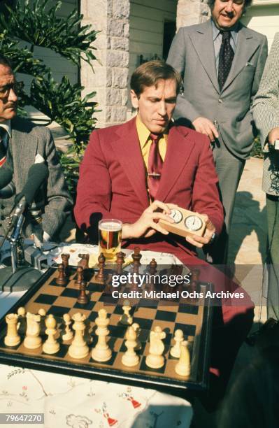 Bobby Fischer meets the press at an exhibition match on December 5 1972 in Los Angeles, California.