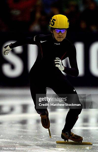 Simon Cho takes off from the start in the preliminary round of the 500 meter event during the Samsung ISU World Cup Short Track at the Utah Olympic...