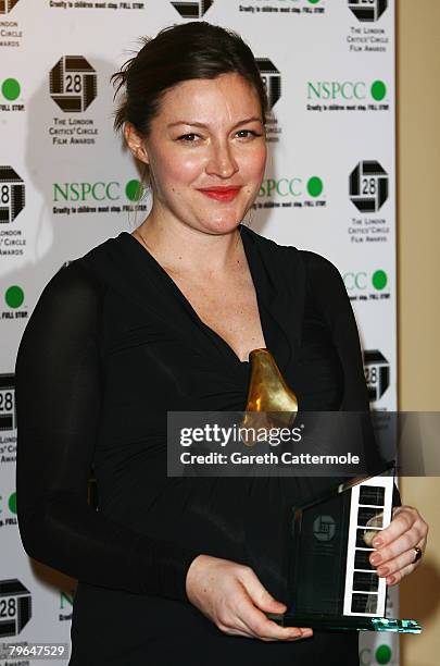 Actress Kelly Macdonald poses with her Actress in a Supporting Role award while attending the Awards Of The London Film Critics' Circle at the...