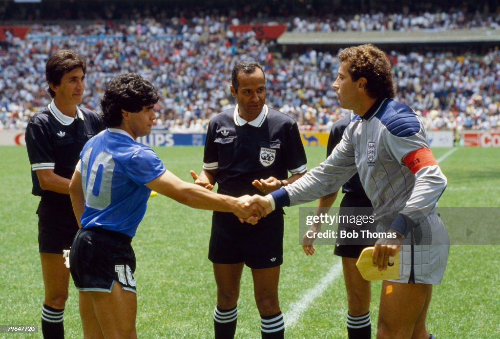 BT Sport, Football, pic: 22nd June 1986, 1986 World Cup Finals, Quarter Final in Mexico City, England captain Peter Shilton shakes hands with Argentina captain Diego Maradona before the game in which Maradona scored his infamous "hand-ball" goal