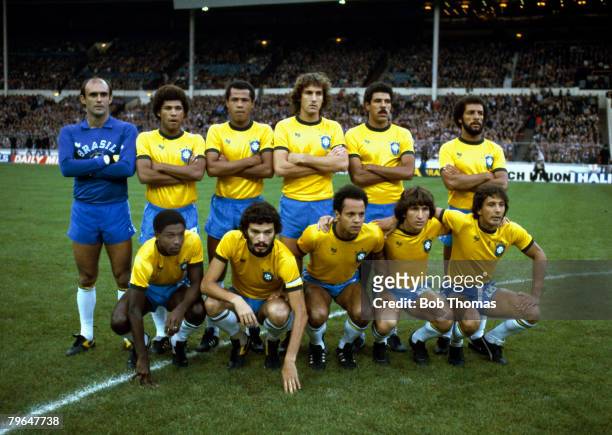 12th May 1981, Friendly International at Wembley, England 0 v Brazil 1, Brazil team group includes players Waldir Peres, Junior, Toninho Cerezo,...