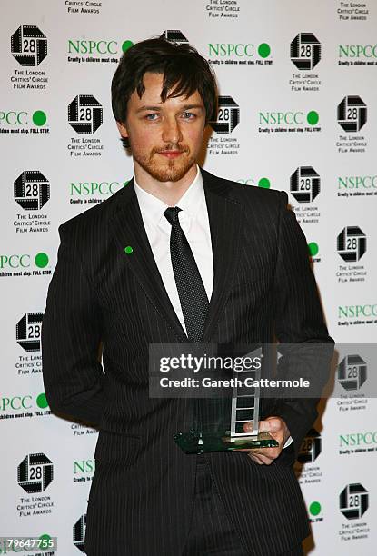 Actor James McAvoy poses with his award for Best Actor while attending the Awards Of The London Film Critics' Circle at the Grosvenor House Hotel, on...