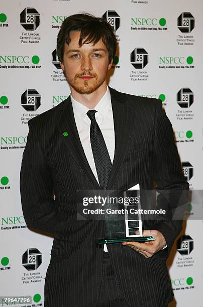 Actor James McAvoy poses with his award for Best Actor while attending the Awards Of The London Film Critics' Circle at the Grosvenor House Hotel, on...