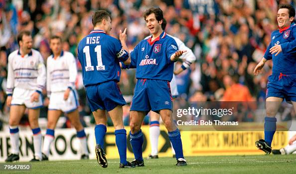 BT Sport, Football, pic: 9th April 1994, FA Cup Semi Final, Chelsea 2 v Luton Town 0, Chelsea's Gavin Peacock, having scored the 2nd goal, celebrates with Dennis Wise (11) as John Spencer rushes in, right BT Sport, Football, pic: 9th April 1994, FA Cup Semi Final, Chelsea 2 v Luton Town 0, Chelsea's Gavin Peacock, having scored the 2nd goal, celebrates with Dennis Wise (11) as John Spencer rushes in, right
