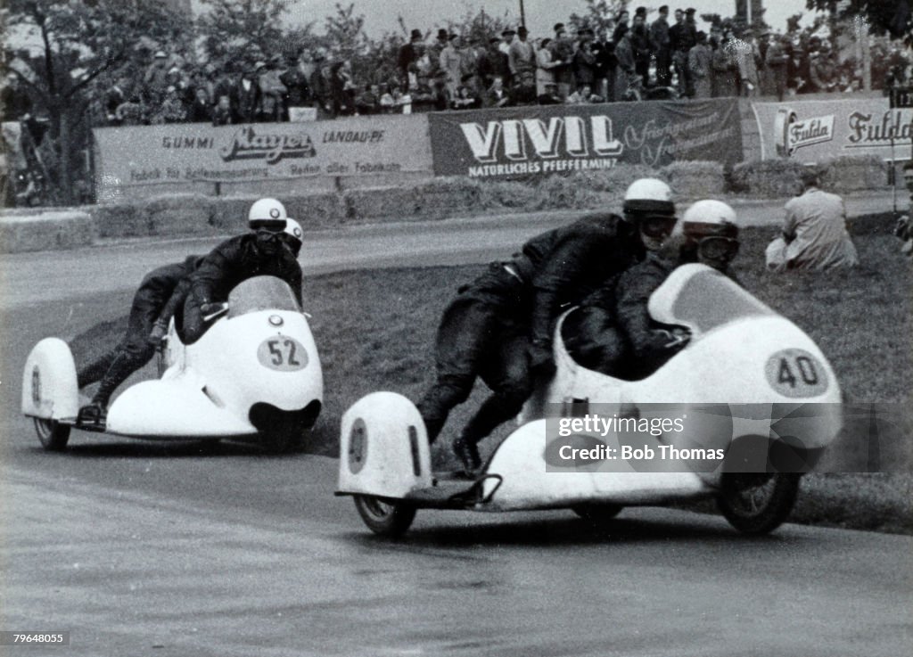 BT Sport, Motorcycling, pic: May 1957, BMW Motorcyle and sidecars (500 CC) racing on the Hockenheim circuit