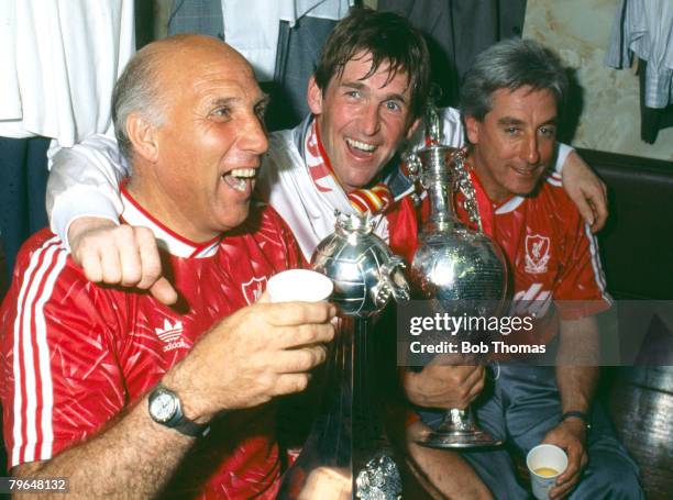 May 1990, Division 1, Liverpool 1 v Derby County 0, Liverpool's left-right, Ronnie Moran , Kenny Dalglish and Roy Evans celebrate the Championship...