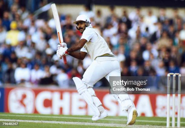 21st May 1987, Texaco Trophy One Day International at The Oval, England beat Pakistan by 7 wickets, Javed Miandad, the Pakistan batsman, one of their...