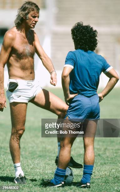 Circa 1980, Argentina Training, Cesar Luis Menotti, Argentina Coach, who led Argentina to victory in the 1978 World Cup talking with rising young...