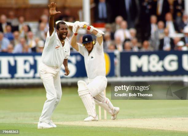 June 1991, 2nd Cornhill Test Match at Lord's, England v West Indies, West Indies fast bowler Malcolm Marshall appeals against England batsman Robin...