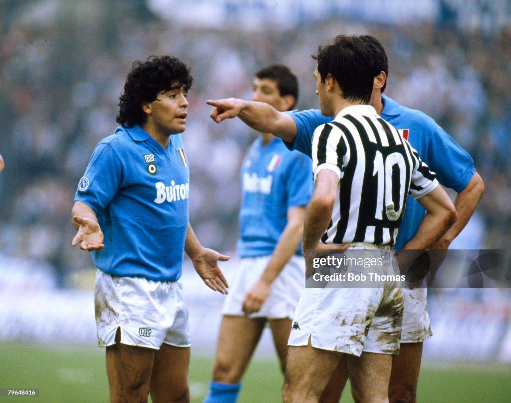 BT Italian League Serie A, pic: 17th April 1988, Juventus 3 v Naples 1, Napoli's Diego Maradona, left, in a dispute with Luigi De Agostini of Juventus, Diego Maradona won 91 Argentina international caps between 1977-1994