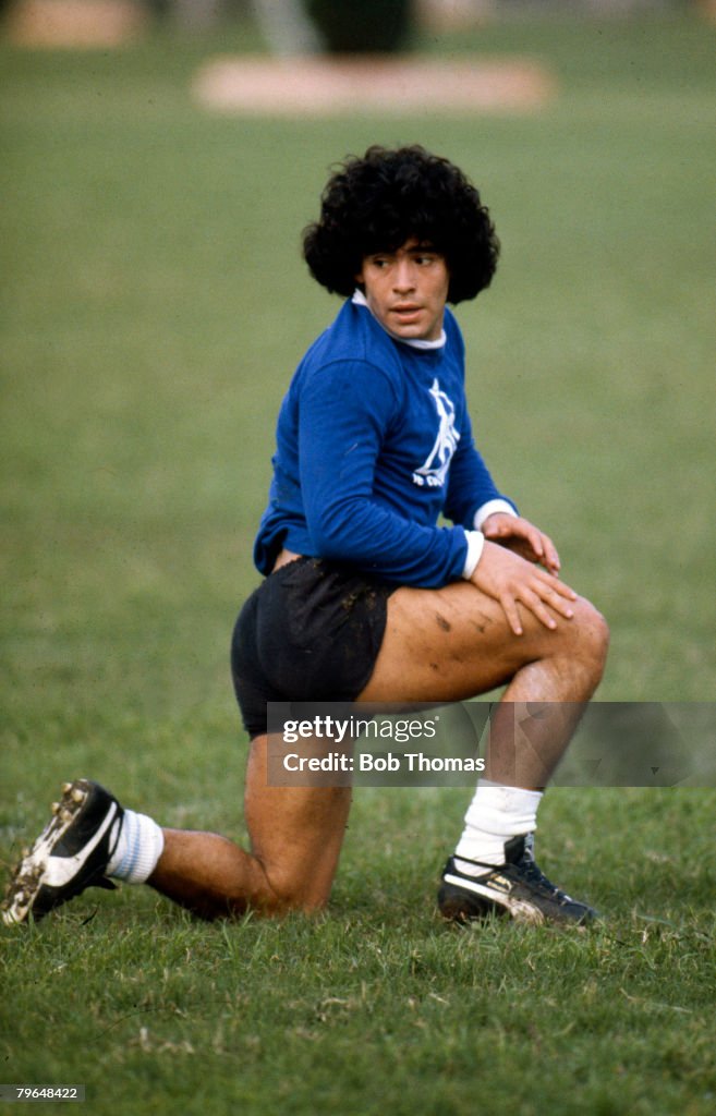 BT Sport, Football, pic: circa 1980, Argentina's Diego Maradona at a training session, Diego Maradona won 91 Argentina international caps between 1974-1994