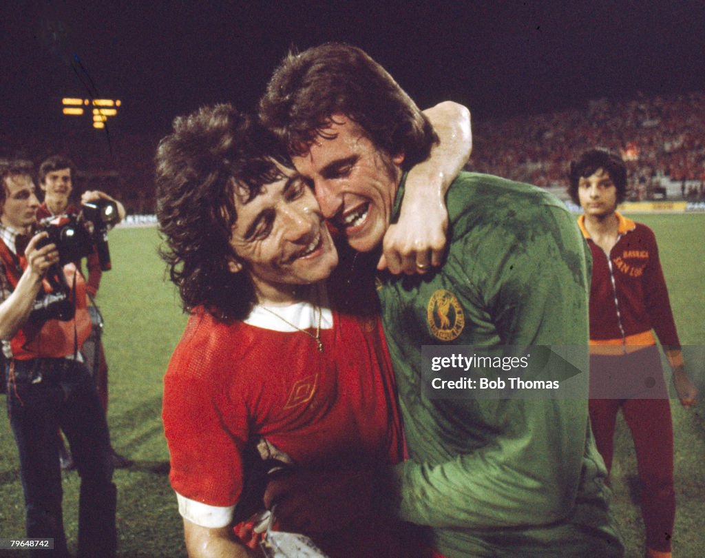 BT Sport, Football, pic: 25th May 1977, European Cup Final in Rome, Liverpool 3 v Borussia Moenchengladbach 1, Liverpool's Kevin Keegan left, and goalkeeper Ray Clemence embrace during the celebrations at the end of the match
