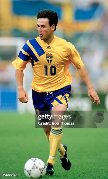 14th June 1992, European Champinship Finals in Sweden, Sweden 1 v Denmark 0, Sweden's Anders Limpar on the ball