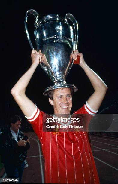 30th May 1984, 1984 European Cup Final in Rome, Liverpool 1 v Roma 1, a,e,t, Liverpool win 4-2 on penalties, Liverpool's Phil Neal celebrates with...