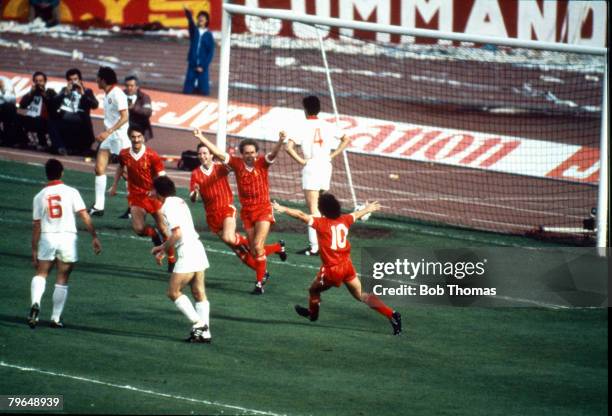 30th May 1984, 1984 European Cup Final in Rome, Liverpool 1 v Roma 1, a,e,t, Liverpool win 4-2 on penalties, Liverpool's Phil Neal has scored the...