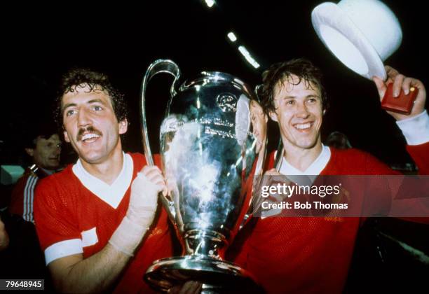 27th May 1981, European Cup Final in Paris, Liverpool 1 v Real Madrid 0, Liverpool's Phil Neal, right and goalscorer Alan Kennedy parade the European...