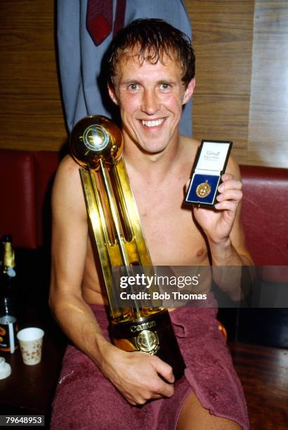 15th May 1984, Division 1, Liverpool 1 v Norwich City 1, Liverpool full back Phil Neal with the Canon League Championship Trophy, and his seventh...