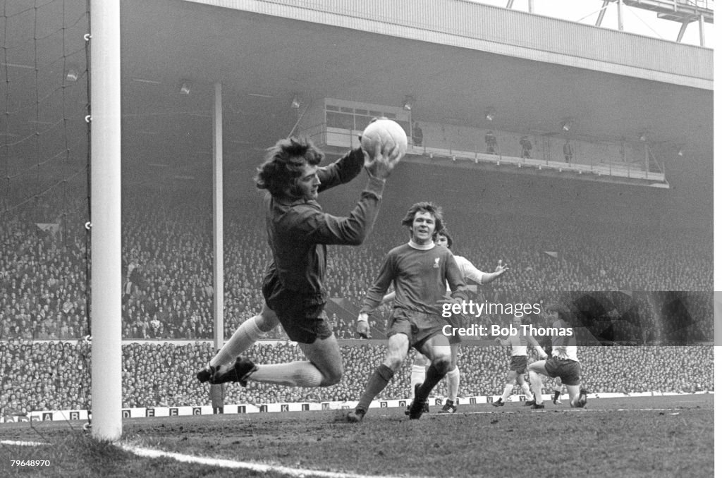 BT Sport, Football, pic: 10th April 1973, Division 1, Liverpool v Tottenham Hotspur, Tottenham Hotspur goalkeeper Pat Jennings makes a save from Liverpool's Brian Hall in the match at Anfield