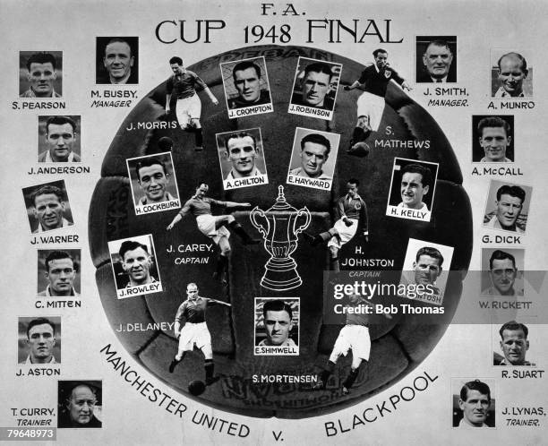 24th April 1948, 1948 FA, Cup Final at Wembley, Manchester United 4 v Blackpool 2, A Cup Final souvenir featuring the players and officials from both...