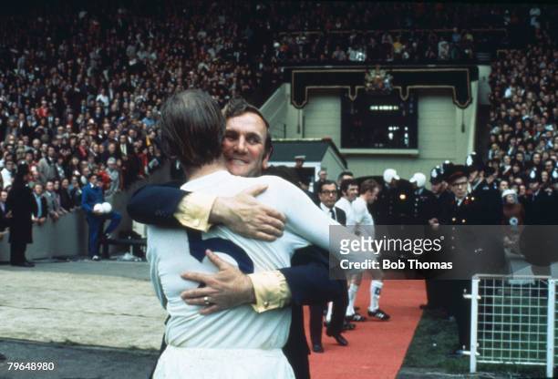 Cup Final at Wembley, Leeds United 1 v Arsenal 0, Leeds United Manager Don Revie hugs defender Jack Charlton at the end