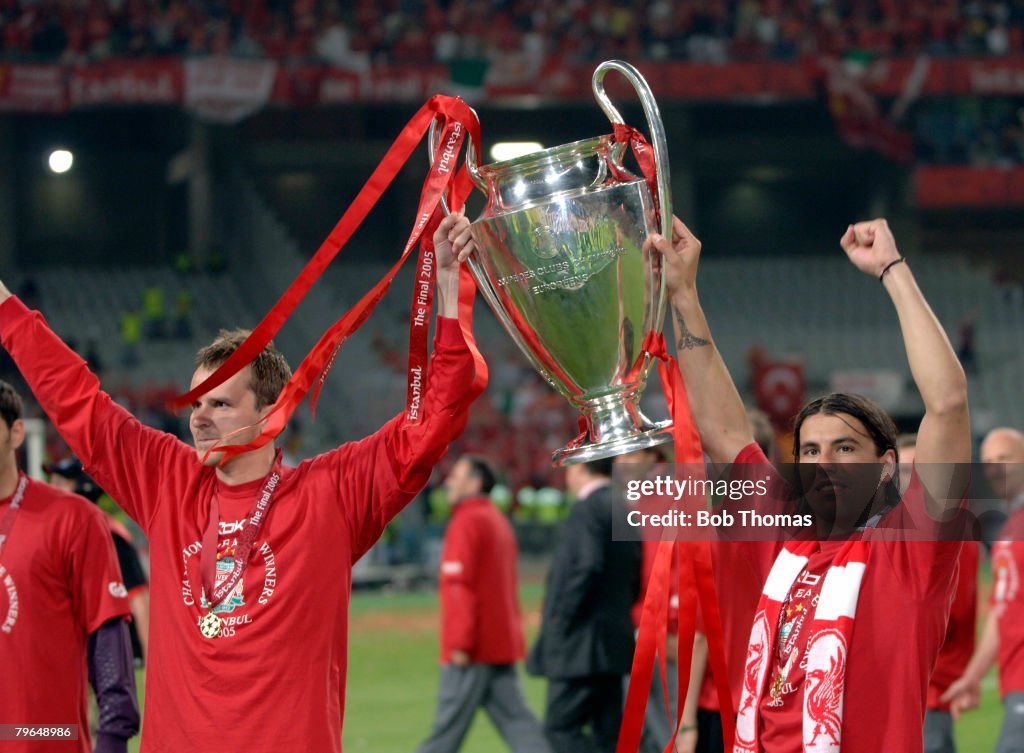 BT Sport, Football, UEFA Champions League Final, 25th May 2005, Ataturk Stadium, Istanbul, AC Milan 3 v Liverpool 3, ( Liverpool won 3-2 on penalties), Liverpool's Dietmar Hamann and Milan Baros celebrate with the trophy