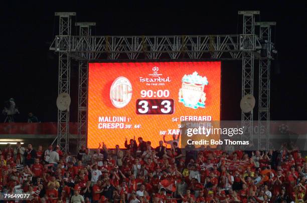 Sport, Football, UEFA Champions League Final, 25th May 2005, Ataturk Stadium, Istanbul, AC Milan 3 v Liverpool 3, , The stadium scoreboard after...