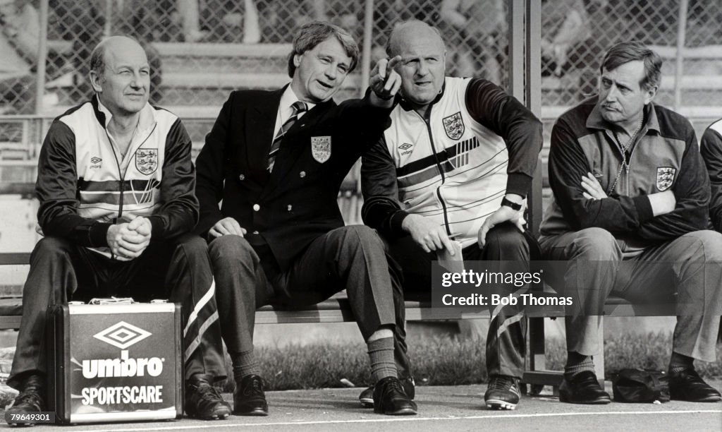 BT Sport, Football, pic: 27th April 1988, Budapest, Friendly International, Hungary 0 v England 0, England Manager Bobby Robson makes a point to Coach Don Howe as Physio Fred Street and Dr, John Crane, right, look on