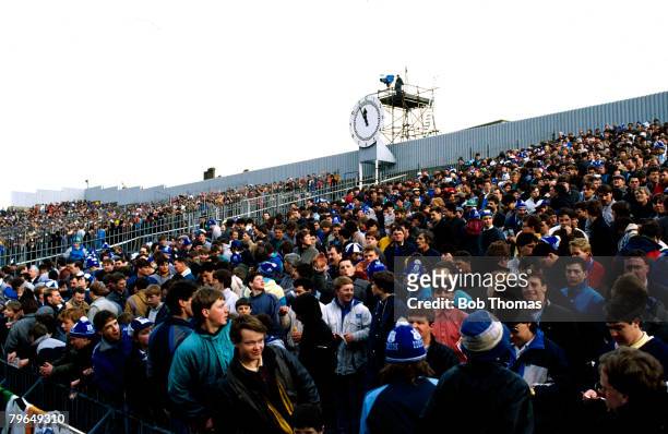 Sport, Football, Arsenal F,C, pic: 1987, Arsenal's Highbury Stadium for a First Division game showing the Clock End and the clock before demolition...