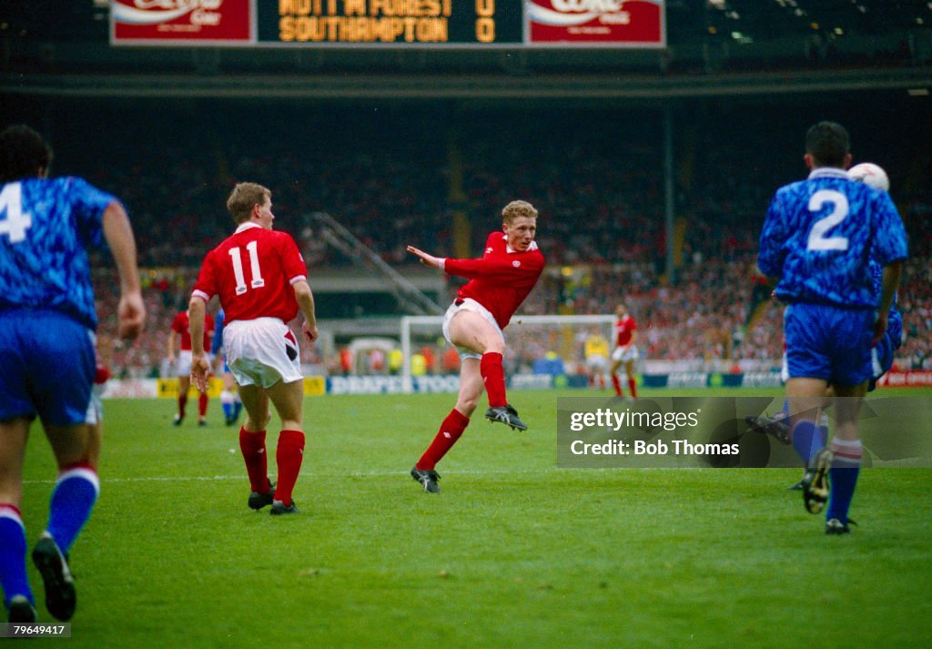 BT Sport, Football, pic: 29th March 1992, Zenith Data Systems Cup Final at Wembley, Nottingham Forest 3 v Southampton 2, a,e,t, Nottingham Forest's Scot Gemmill shoots to score the 1st of his 2 goals