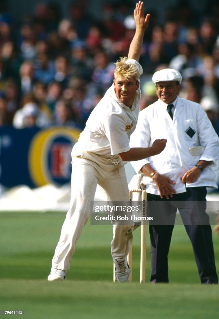 BT Sport, Cricket, pic: 1993, Ist Test Match, England v Australia, Shane Warne, Australia, pictured in bowling action, Shane Warne in the 1990's became the best slow/spin bowler in the world