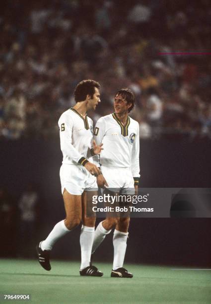 Johan Cruyff, right, who played a number of exhibition games for New York Cosmos, pictured with Cosmos star Franz Beckenbauer, Johan Cruyff, one of...